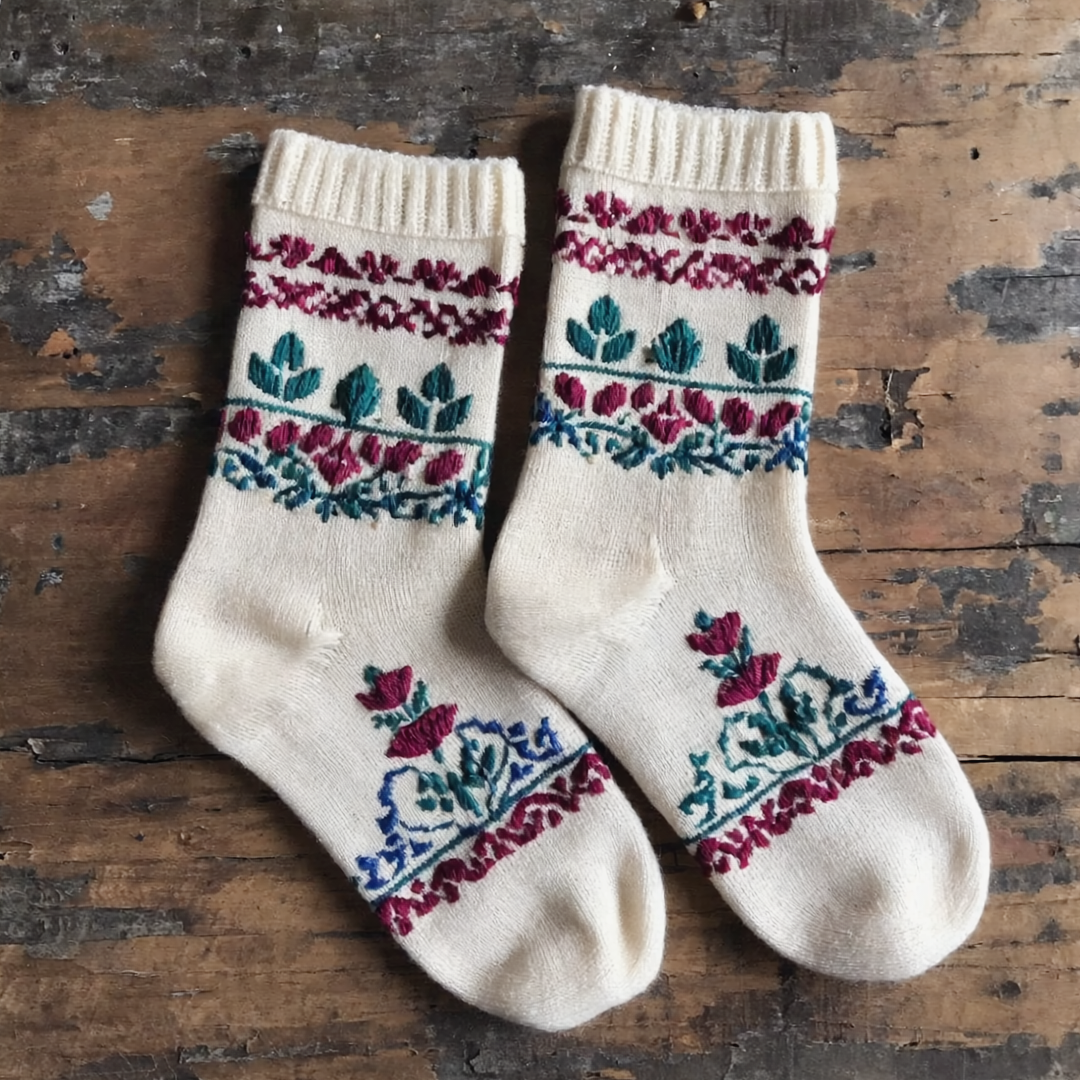 White Traditional Pattern Embroidered Socks